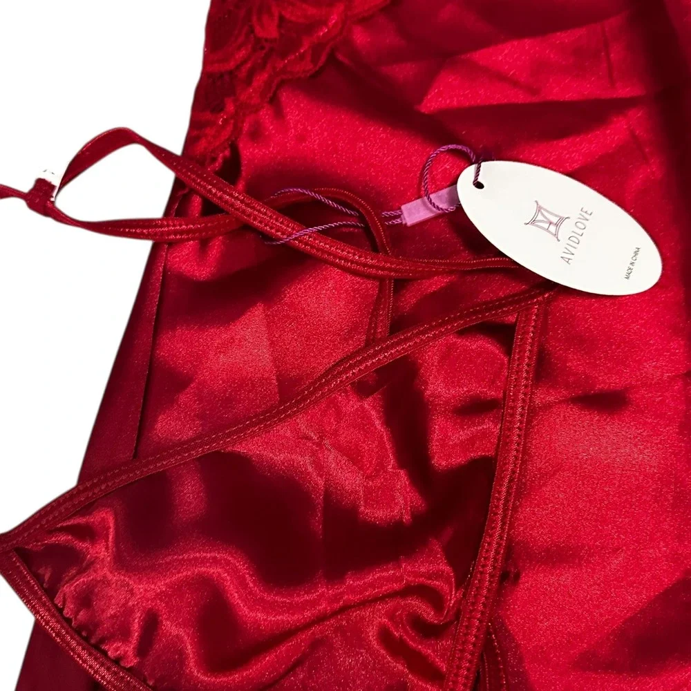 Avidlove Lingerie Set Lace‎ Babydoll Satin Chemise Sleepwear Red